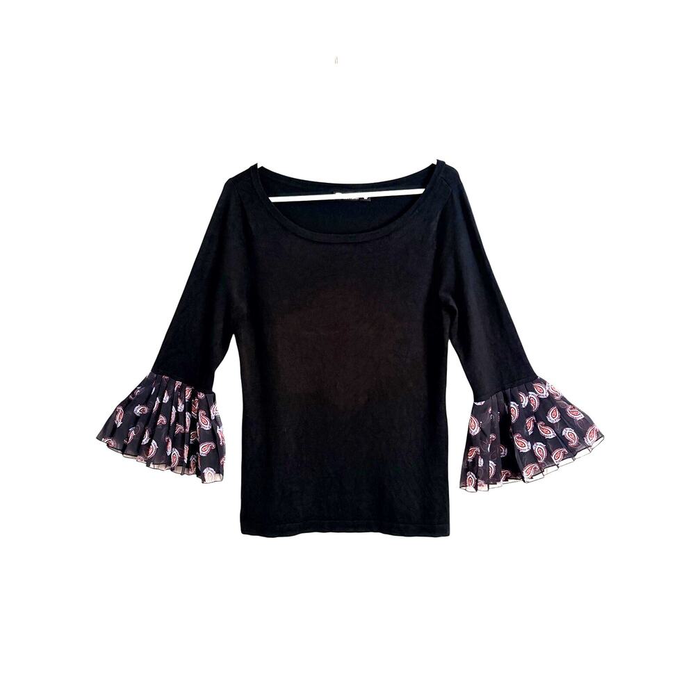 7th Avenue Black Bell Sleeve Knit Top Paisley Scoop Neck Medium Whimsigoth
